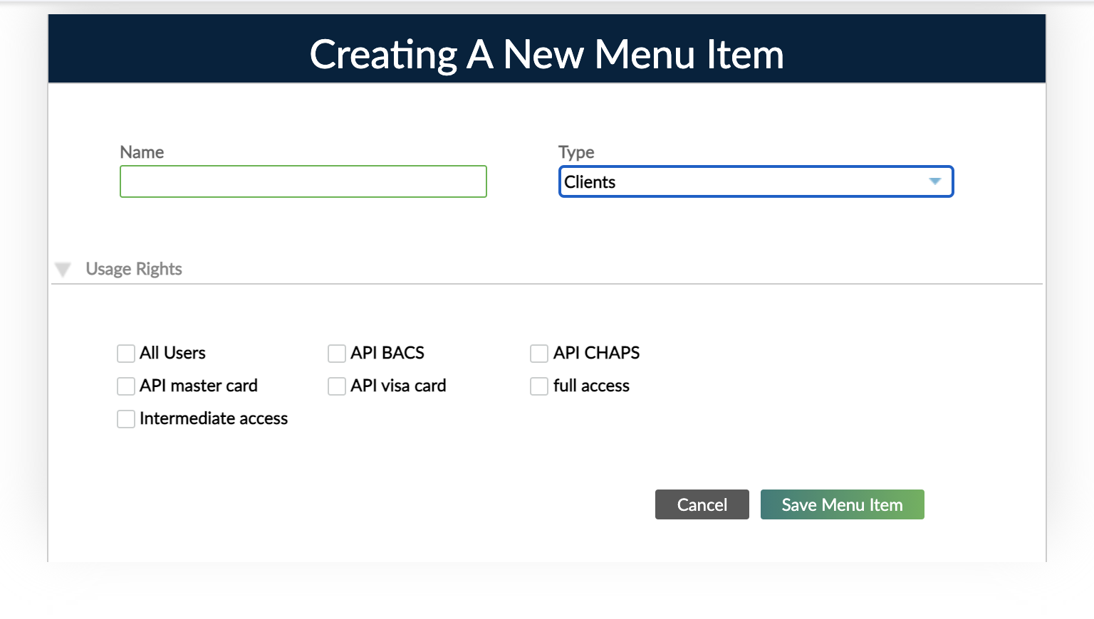 Creating A New Menu Item Dialog